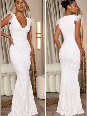 NEW Fashion Nova The Most Elegant Sequin Maxi Dress Size M White Bridal Event